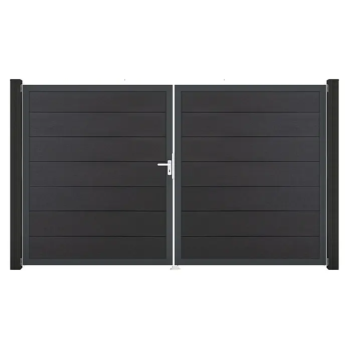 GroJa Solid Gartentor Grande - 300 x 180 cm, Anthrazitgrau (DB703), DIN Anschlag: Links - Dunkelgraues Doppeltor mit horizontalen Lamellen und weißem Griff.
