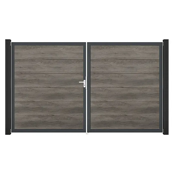 GroJa BasicLine Gartentor - 300 x 180 cm, Monument Oak (DB703), Kunststoff, DIN Anschlag: Links - Zweiflügeltor mit dunkelgrauem Rahmen und Holzoptik-Lamellen, mit weißem Griff.