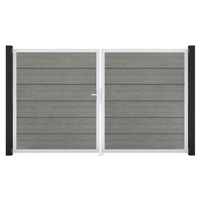 GroJa BasicLine Gartentor Premium - 300 x 180 cm, Gray Ash Cut (EV1), Kunststoff, DIN Anschlag: Links - Graues Flügeltor in Holzoptik mit horizontalen Paneelen, weißem Rahmen und schwarzen Pfosten.