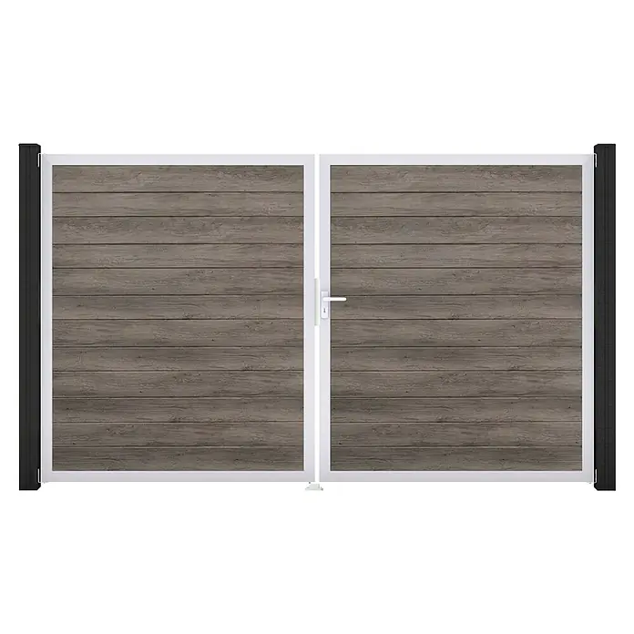 GroJa BasicLine Gartentor Schmal - 300 x 180 cm, Monument Oak (EV1), Kunststoff, DIN Anschlag: Rechts - Doppeltor mit Holzoptik-Paneelen, weißem Rahmen und dunkelgrauen Pfosten.
