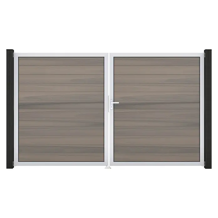 GroJa Solid Gartentor - 300 x 180 cm, Grau Bi-Color (EV1), DIN Anschlag: Rechts - Doppeltes Tor mit hellbraunen Holz-Paneelen, weißem Rahmen und schwarzen Pfosten, mit weißem Griff.