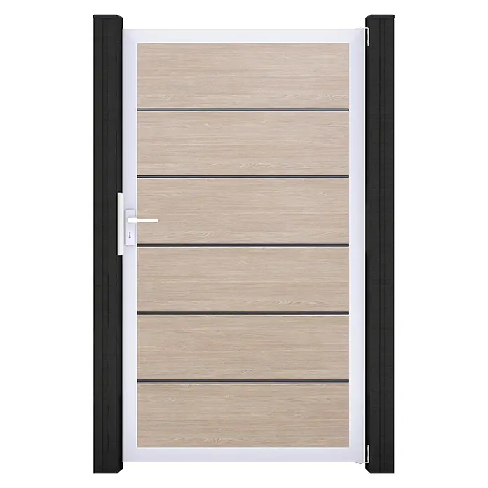 GroJa BasicLine Gartentor Premium - 100 x 180 cm, Shefflied Oak (EV1), Kunststoff - Moderne Gartentür mit heller Holzoptik, weißem Rahmen und Griff, flankiert von schwarzen Pfosten.
