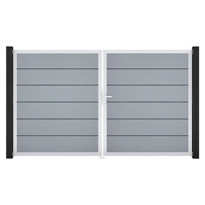 GroJa BasicLine Gartentor Premium - 300 x 180 cm, Silbergrau (EV1), Kunststoff, DIN Anschlag: Rechts - Zweiflügeliges Tor mit grauen horizontalen Lamellen, weißem Rahmen und dunklen Pfosten, mit weißem Griff.