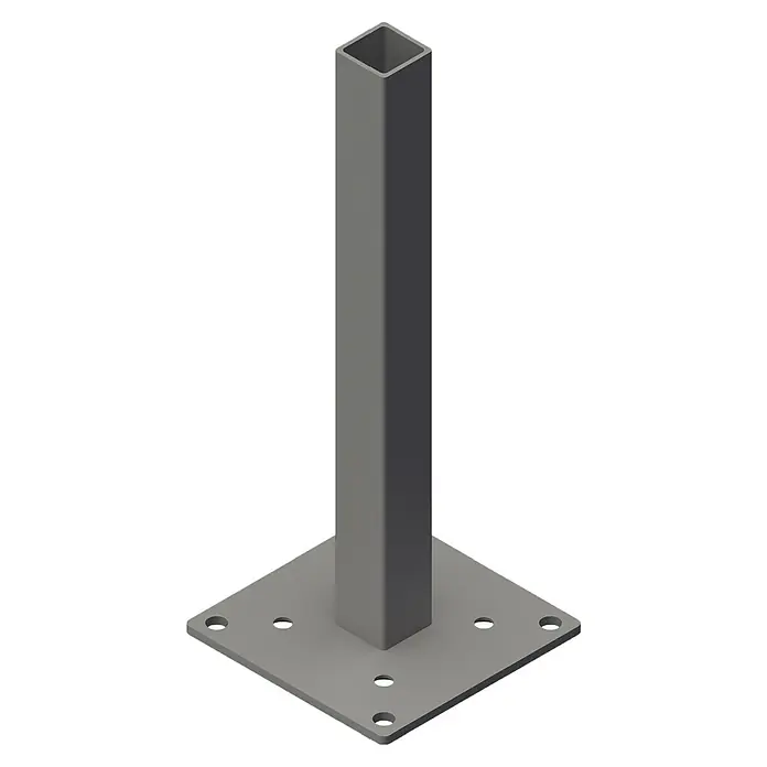 GroJa Konsole - 16 x 40,6 cm, Passend für: 9x9 Alu-Steckzaunpfosten, 7x7 und 10x BPC-Torpfosten - Grauer Vierkantmetallpfosten mit Grundplatte und Befestigungslöchern.