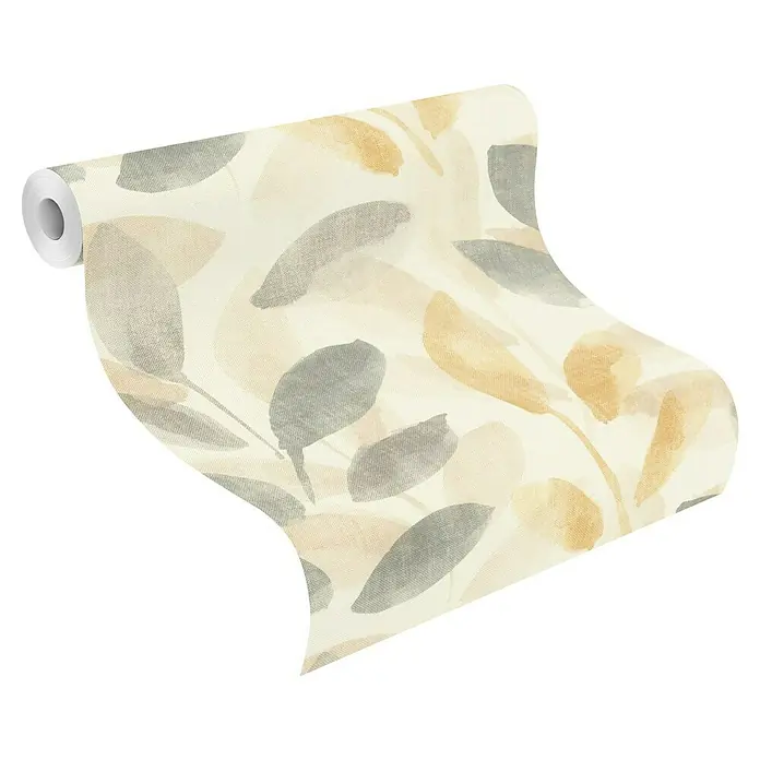 Rasch Selection Vliestapete Vinyl - Beige-Grau, Floral, 10,05 x 0,53 m - Nahaufnahme einer Rolle mit beigem Blätter-Tapetenmuster, die eine natürliche und elegante Atmosphäre für Ihr Zuhause schafft.
