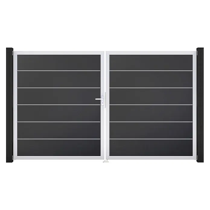 GroJa BasicLine Gartentor Premium - 300 x 180 cm, Anthrazit (EV1), Kunststoff, DIN Anschlag: Links - Dunkelgraues Doppeltor mit weißen Rahmen, horizontalen Linien und schwarzen Pfosten.
