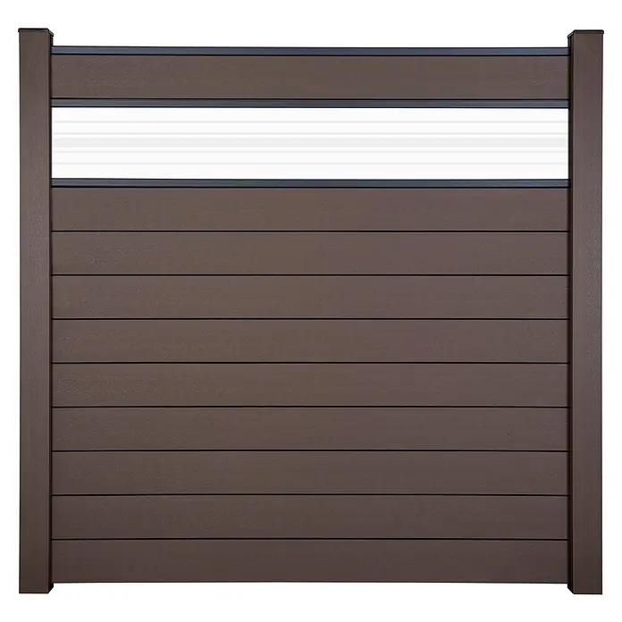 GroJa Solid Steckzaun - 180 x 180 cm, Terra, Mit Glaseinsatz - Braunes WPC-Sichtschutzelement mit weißem, lichtdurchlässigem Oberteil.