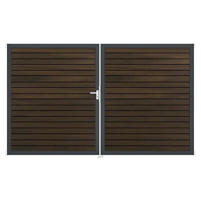 GroJa Gartentor Rhombus - 300 x 180 cm, Walnuss (DB703), DIN Anschlag: Links - Dunkelbraunes Holztor mit horizontalen Latten und dunkelgrauem Metallrahmen, mit weißem Griff.