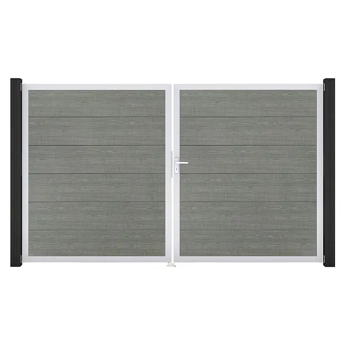 GroJa BasicLine Gartentor - 300 x 180 cm, Grey Ash Cut (EV1), Kunststoff, DIN Anschlag: Rechts - Graue Holzoptik-Doppeltür mit weißem Rahmen, dunklen Pfosten und weißem Griff.