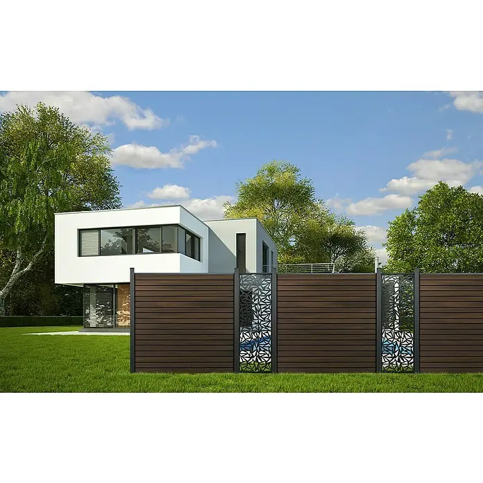 GroJa Solid Steckzaun Rhombus - 180 x 180 cm, Walnuss - Dunkelbrauner Lamellen-Sichtschutzzaun mit geometrischen Metallpaneelen im modernen Garten.