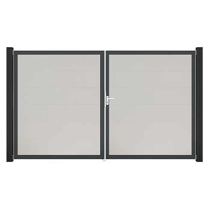 GroJa BasicLine Gartentor - 300 x 180 cm, Weiß (DB703), Kunststoff, DIN Anschlag: Rechts - Zweiflügeliges Tor mit anthrazitfarbenem Rahmen und hellgrauen horizontalen Lamellenpaneelen. Mit weißem Griff.