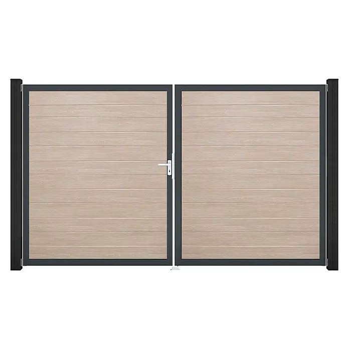 GroJa BasicLine Gartentor Schmal - 300 x 180 cm, Shefflied Oak (DB703), Kunststoff, DIN Anschlag: Links - Doppelflügeltor mit hellen Holzoptik-Lamellen, dunkelgrauem Rahmen und weißem Griff.