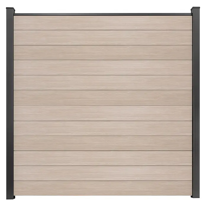 GroJa BasicLine Steckzaun Schmal - 180 x 180 cm, Sheffield Oak - Sichtschutzzaun-Element in heller Holzoptik mit dunkelgrauem Metallrahmen und Pfosten.