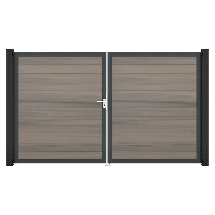 GroJa Solid Gartentor - 300 x 180 cm, Beige (DB703), DIN Anschlag: Links - Zweiflügeliges Tor mit graubraunen Holzoptik-Lamellen und dunkelgrauem Rahmen, mit weißem Griff.