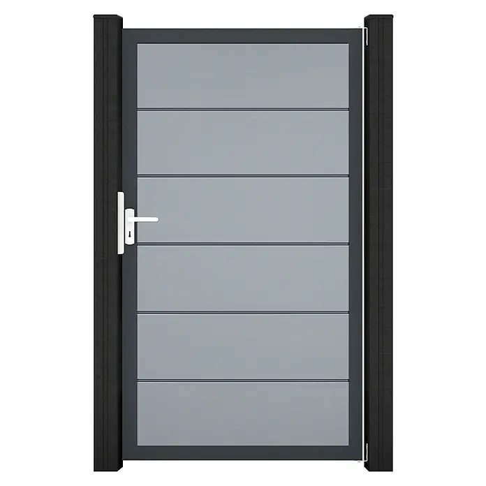 GroJa BasicLine Gartentor Premium - 100 x 180 cm, Silbergrau (DB703), Kunststoff - Graues Fußgängertor mit horizontalen Lamellen, dunkelgrauem Rahmen, weißem Griff und dunklen Pfosten.