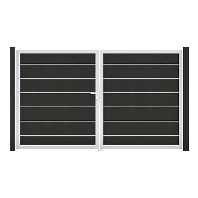 GroJa Solid Gartentor Grande Premium - 300 x 180 cm, Anthrazitgrau (EV1), DIN Anschlag: Links - Dunkelgraues Doppeltor mit horizontalen Paneelen und weißem Rahmen, mit mittigem Griff.