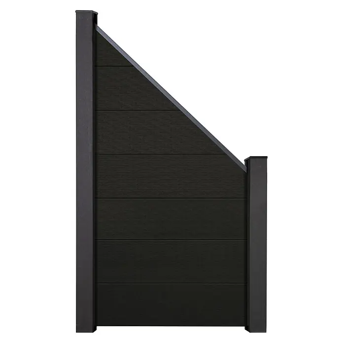GroJa Solid Sichtschutz-Abschlusselement Grande - 90 x 180 cm, Schwarz - Dunkelgraues Komposit-Zaunfeld mit schräger Oberkante, gerahmt von dunklen Pfosten.