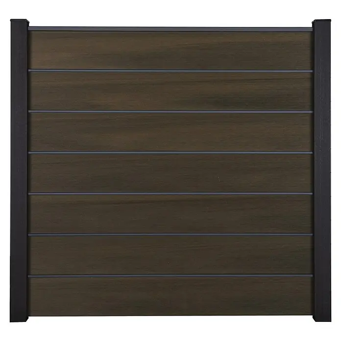 GroJa Solid Steckzaun Grande Premium - 180 x 180 cm, Walnuss - Dunkelbraunes Lamellen-Zaunelement mit dunkelgrauem Rahmen.