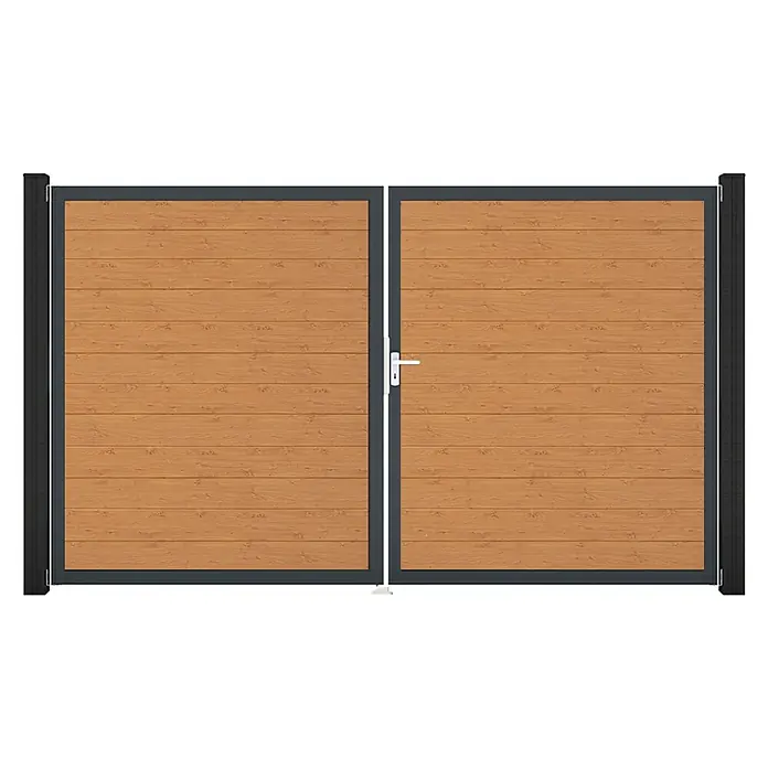 GroJa BasicLine Gartentor Schmal - 300 x 180 cm, Asteiche Natur (DB703), Kunststoff, DIN Anschlag: Rechts - Zweiflügeliges Holztor mit dunkelgrauem Metallrahmen und weißem Griff für Einfahrten oder Gärten.