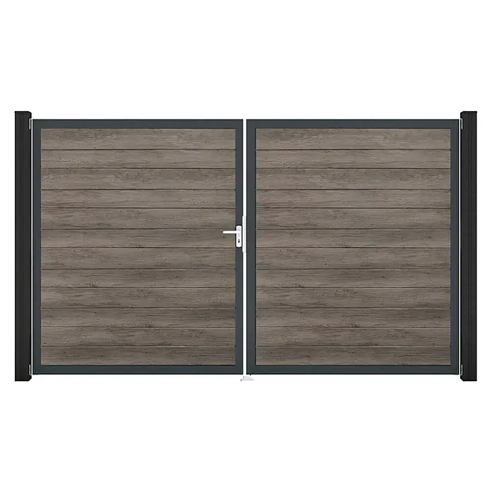 GroJa BasicLine Gartentor Schmal - 300 x 180 cm, Monument Oak (DB703), Kunststoff, DIN Anschlag: Links - Doppeltor mit horizontalen Holzlamellen und dunkelgrauem Metallrahmen, weißer Griff.