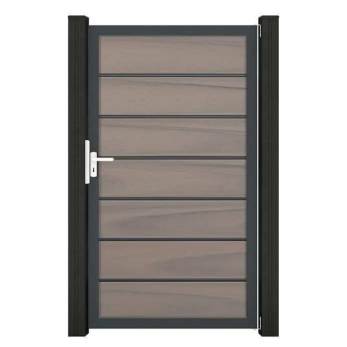 GroJa Solid Gartentor Grande Premium - 100 x 180 cm, Beige (DB703) - Modernes Gartentor mit horizontalen Holzlamellen, dunkelgrauem Rahmen, weißem Griff und dunklen Pfosten.