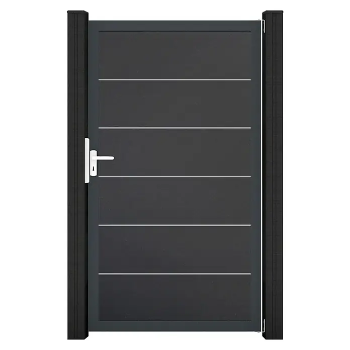 GroJa BasicLine Gartentor Premium - 100 x 180 cm, Anthrazit (DB703), Kunststoff - Dunkelgraues Gartentor mit horizontalen Zierlinien und weißem Griff.