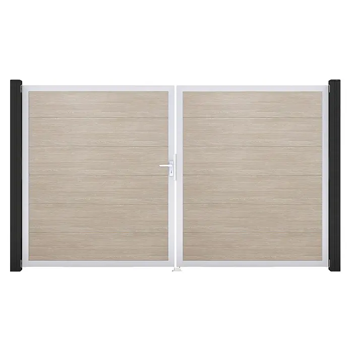 GroJa BasicLine Gartentor - 300 x 180 cm, Shefflied Oak (EV1), Kunststoff, DIN Anschlag: Links - Doppeltes Flügeltor mit hellen Holzoptikplatten, weißem Rahmen und schwarzen Seitenpfosten.