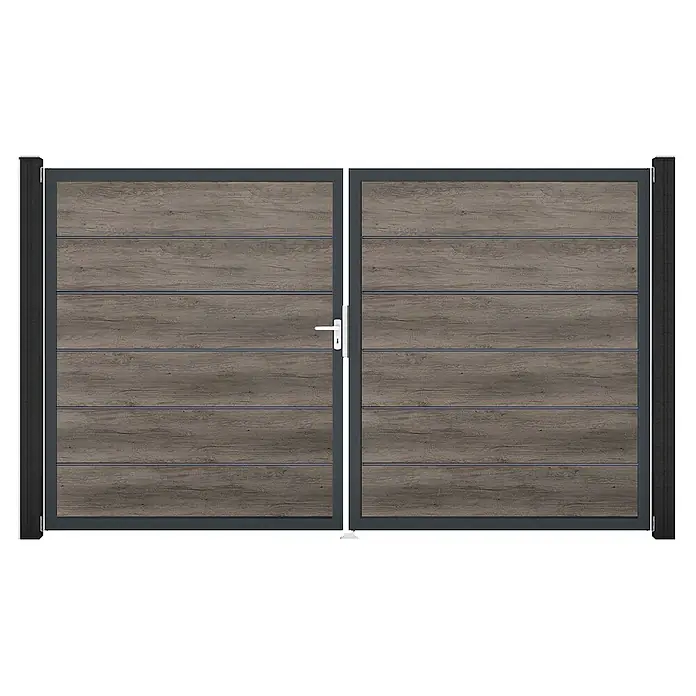 GroJa BasicLine Gartentor Premium - 300 x 180 cm, Monument Oak (DB703), Kunststoff, DIN Anschlag: Links - Doppeltor mit horizontalen Holzoptik-Paneelen, dunkelgrauem Metallrahmen und weißem Griff an der linken Seite.