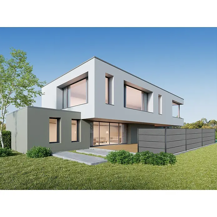 GroJa Premo Steckzaun - 180 x 90 cm, Betongrau - Modernes Haus mit weißen und grauen Fassaden, großen Fenstern und einem modernen grauen Lattenzaun.