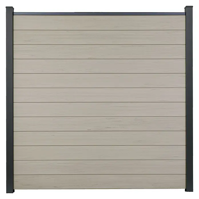 GroJa Solid Steckzaun - 180 x 180 cm, Sand - Helles beigegrau WPC-Sichtschutzelement mit dunkelgrauem Metallrahmen.
