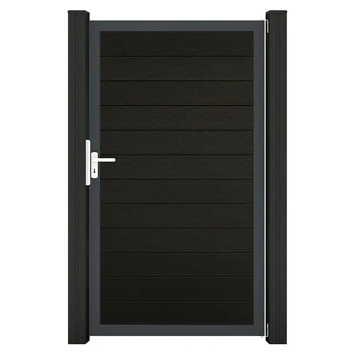 GroJa Solid Gartentor - 100 x 180 cm, Schwarz (DB703) - Anthrazitfarbenes Gartentor mit dunklen Querlamellen und weißem Griff.