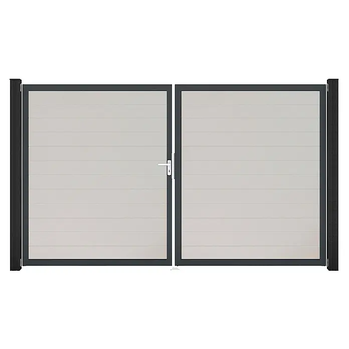 GroJa BasicLine Gartentor Schmal - 300 x 180 cm, Weiß (DB703), Kunststoff, DIN Anschlag: Links - Doppeltes Gartentor mit hellgrauen Lamellen, dunkelgrauem Rahmen und silbernem Griff.