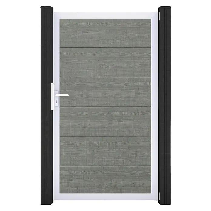 GroJa BasicLine Gartentor - 100 x 180 cm, Grey Ash Cut (EV1), Kunststoff - Graues Gartentor mit Holzoptik-Lamellen, weißem Rahmen und Griff, flankiert von dunkelgrauen Pfosten.