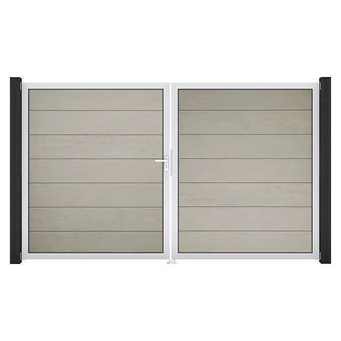 GroJa Solid Gartentor Grande - 300 x 180 cm, Beige (EV1), DIN Anschlag: Links - Doppeltor in hellem Holzoptik-Beige mit weißem Rahmen und schwarzen Pfosten, mit einem weißen Griff am rechten Torflügel.