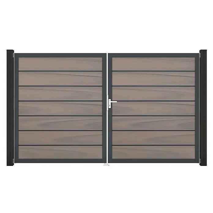 GroJa Solid Gartentor Grande Premium - 300 x 180 cm, Grau (DB703), DIN Anschlag: Rechts - Zweiflügeltor mit dunkelgrauem Metallrahmen und horizontalen braun-grauen Holzoptik-Lamellen. Mit weißem Griff am rechten Flügel.