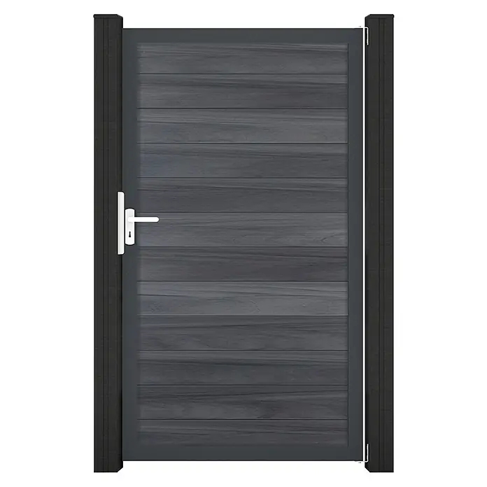 GroJa Solid Gartentor - 100 x 180 cm, Steingrau (EDB703) - Anthrazitfarbenes Gartentor mit horizontalen Latten und weißem Griff, flankiert von passenden Pfosten.