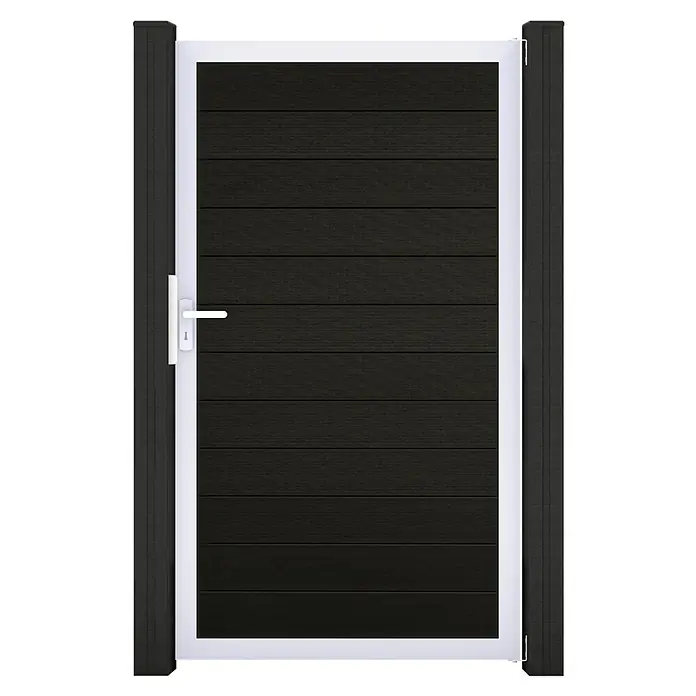 GroJa Solid Gartentor - 100 x 180 cm, Schwarz (EV1) - Dunkelbraunes Lamellentor mit weißem Rahmen und Griff, zwischen zwei dunklen Pfosten.