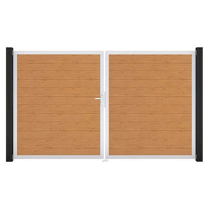 GroJa BasicLine Gartentor Schmal - 300 x 180 cm, Asteiche Natur (EV1), Kunststoff, DIN Anschlag: Links - Doppeltor mit horizontalen Holzlatten, weißem Rahmen und schwarzen Pfosten. Mit weißem Griff.
