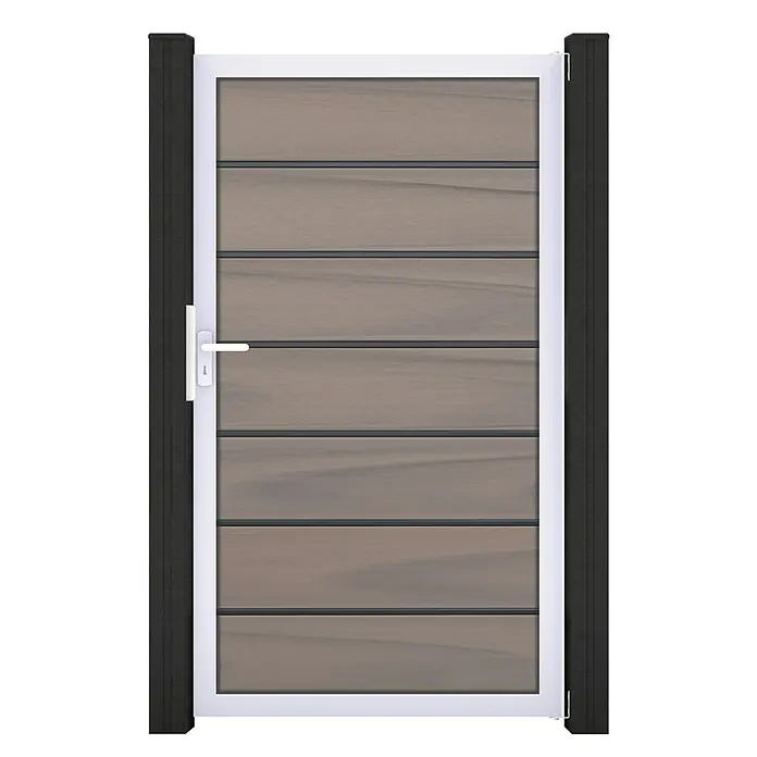GroJa Solid Gartentor Grande Premium - 100 x 180 cm, Beige (EV1) - Modernes Gartentor mit weißem Rahmen, braunen Kompositlatten und weißem Griff, flankiert von dunklen Pfosten.