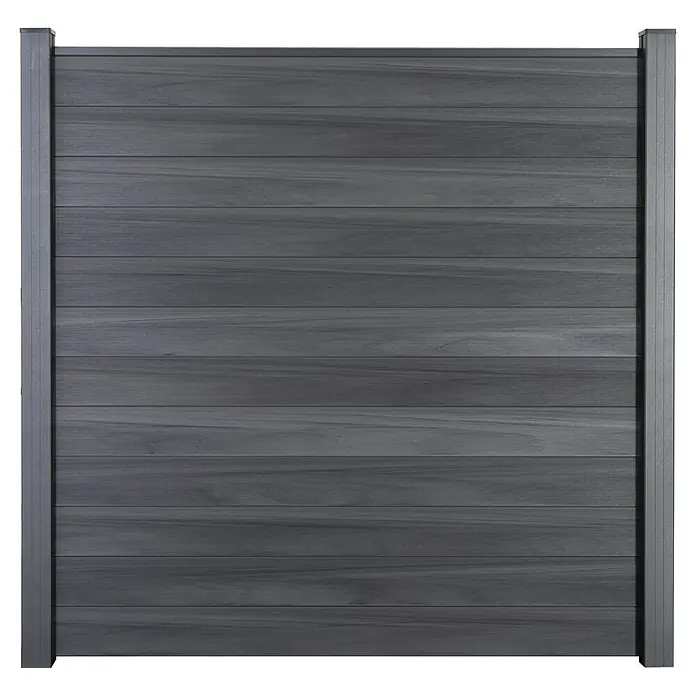 GroJa Solid Steckzaun - 180 x 180 cm, Steingrau - Dunkelgraues Komposit-Zaunfeld mit horizontalen Lamellen und vertikalen Pfosten.