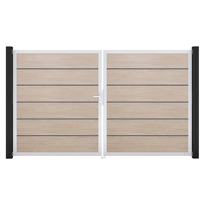 GroJa BasicLine Gartentor Premium - 300 x 180 cm, Shefflied Oak (EV1), Kunststoff, DIN Anschlag: Links - Doppeltes Tor mit hellen Holzpaneelen, weißem Rahmen, schwarzen Seitenpfosten und weißem Griff am linken Flügel.