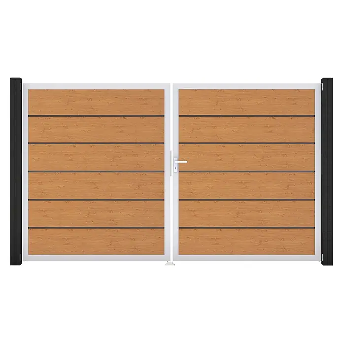 GroJa BasicLine Gartentor Premium - 300 x 180 cm, Asteiche Natur (EV1), Kunststoff, DIN Anschlag: Rechts - Zweiflügeltor mit hellbraunen Holzoptik-Paneelen, weißen Rahmen und schwarzen Seitenpfosten.