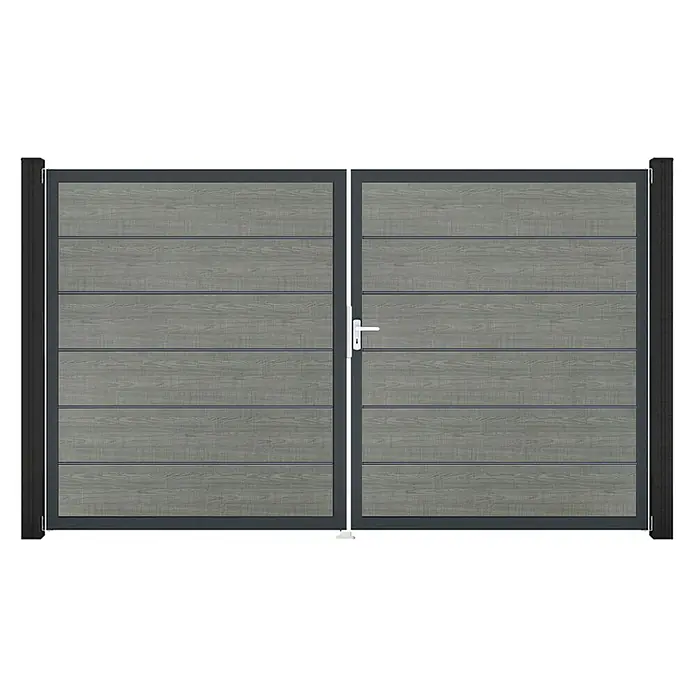GroJa BasicLine Gartentor Premium - 300 x 180 cm, Grey Ash Cut (DB703), Kunststoff, DIN Anschlag: Rechts - Modernes Doppeltor mit grauen Holzoptik-Paneelen, dunkelgrauem Rahmen und silbernem Griff.
