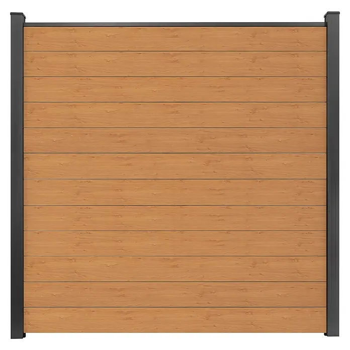 GroJa BasicLine Steckzaun Schmal - 180 x 180 cm, Asteiche Natur - Heller Holzzaun mit dunkelgrauem Metallrahmen.