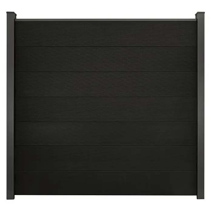 GroJa Solid Steckzaun Grande - 180 x 180 cm, Schwarz - Dunkelgraues Verbundstoff-Sichtschutzzaunfeld mit horizontalen Lamellen und vertikalen Seitenpfosten.