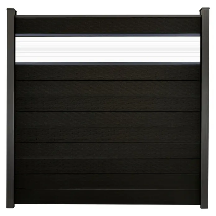 GroJa Solid Steckzaun - 180 x 180 cm, Schwarz, Mit Glaseinsatz - Dunkles Verbundzaunpaneel mit einem durchscheinenden weißen Horizontalstreifen.
