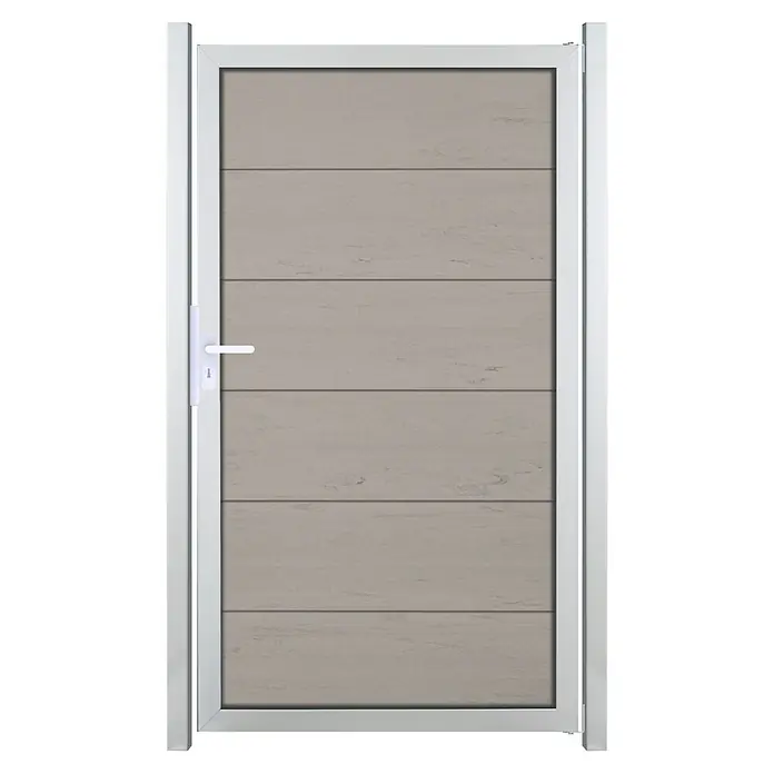 GroJa Viento Gartentor - 100 x 180 cm, Beige (EV1), Aluminium - Graue Holzdielentür mit weißem Metallrahmen und Griff.