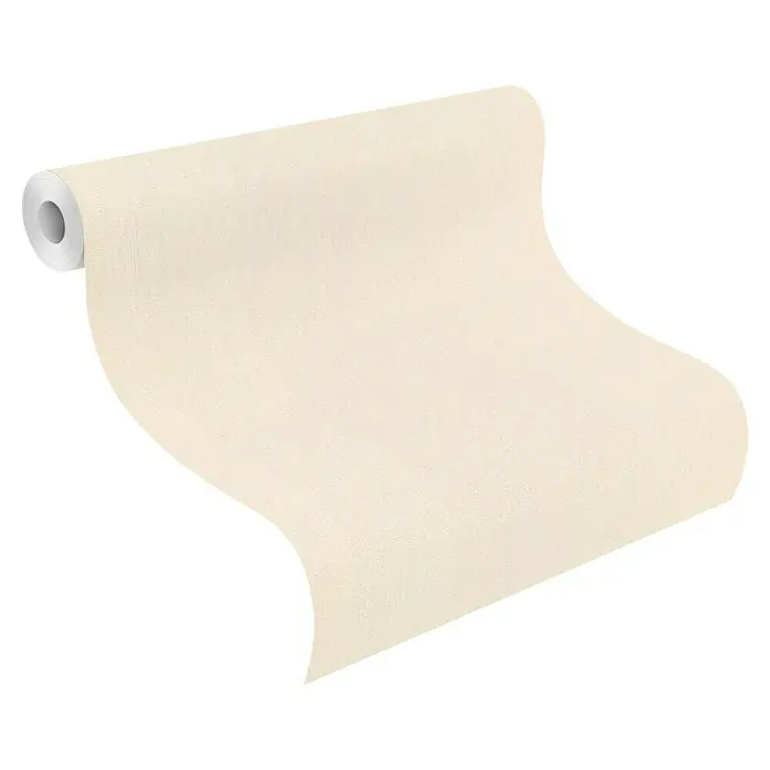 Rasch Selection Vliestapete Relief - Apricot, Uni, L x B: 10,05 x 0,53 m - Helle beige strukturierte Tapetenrolle teilweise abgerollt.