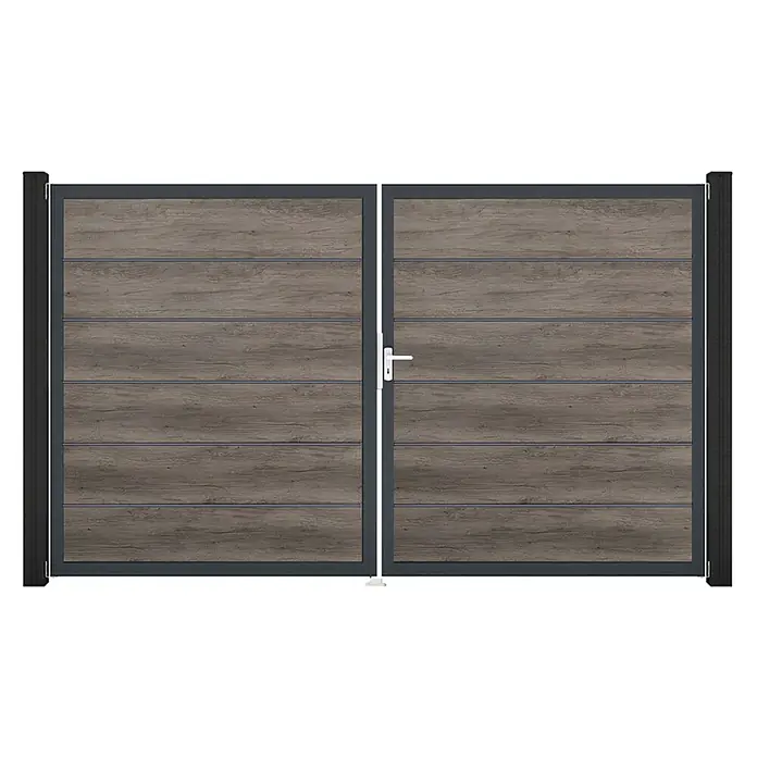 GroJa BasicLine Gartentor Premium - 300 x 180 cm, Monument Oak (DB703), Kunststoff, DIN Anschlag: Rechts - Modernes zweiflügeliges Tor mit braunen Holzoptik-Paneelen und dunkelgrauem Rahmen.