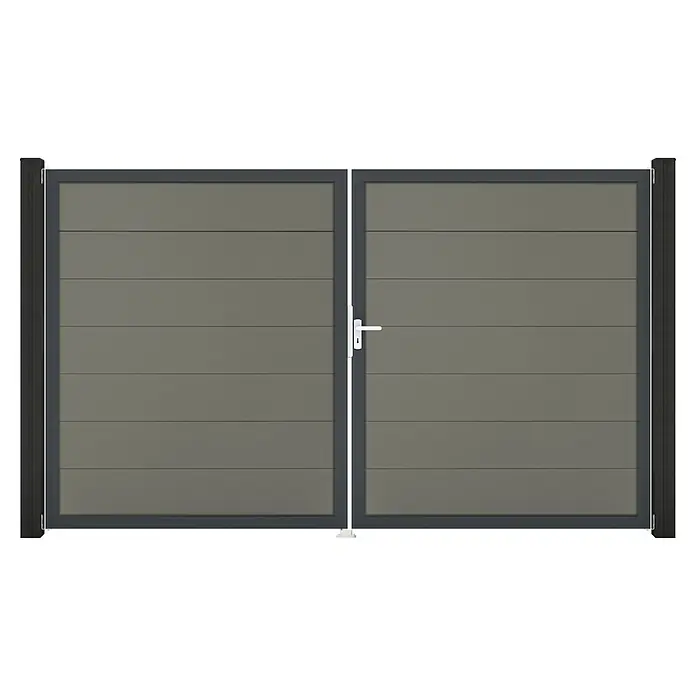 GroJa Solid Gartentor Grande - 300 x 180 cm, Grau (DB703), DIN Anschlag: Rechts - Doppeltor mit dunkelgrauen horizontalen Lamellen und dunklem Rahmen, mit weißem Griff.